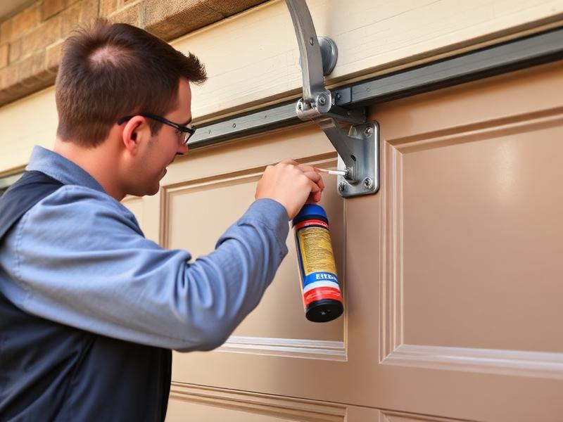 Technician performing spring maintenance on a residential garage door