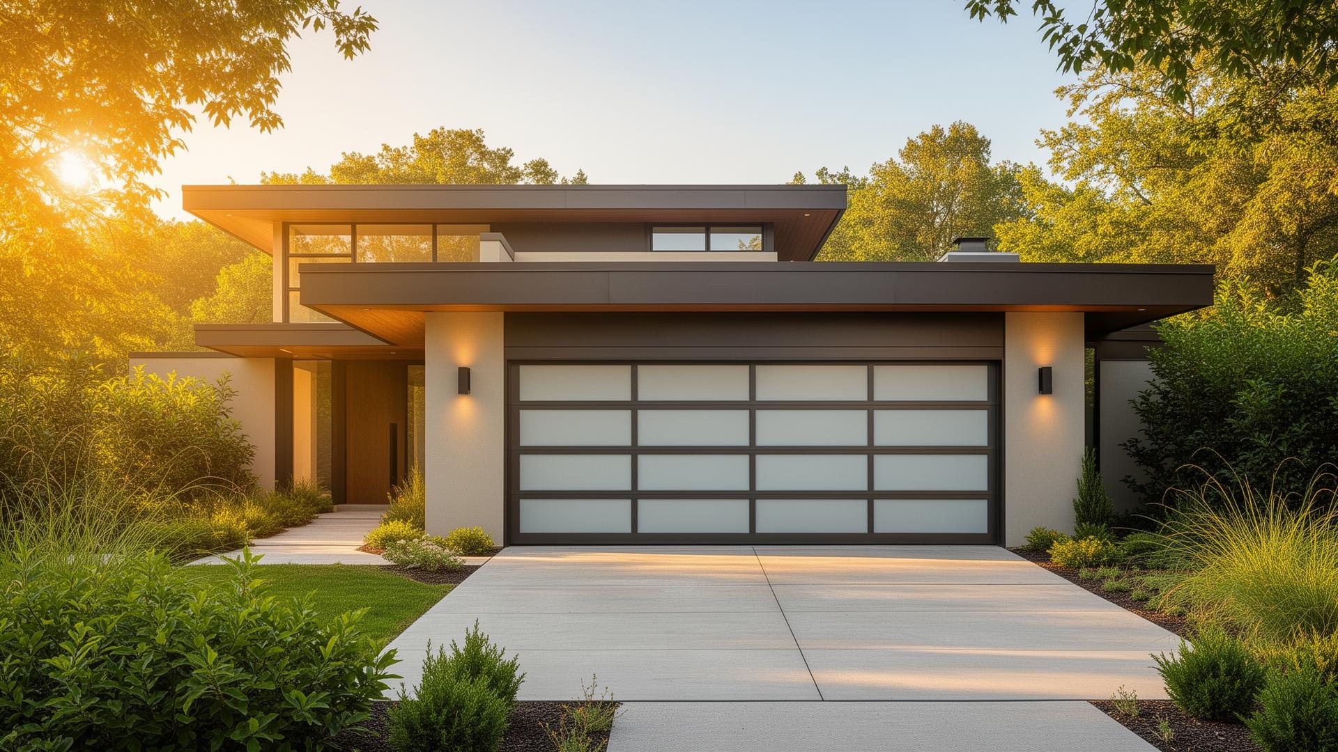 Modern sleek steel garage door with frosted glass panels on a beautiful home